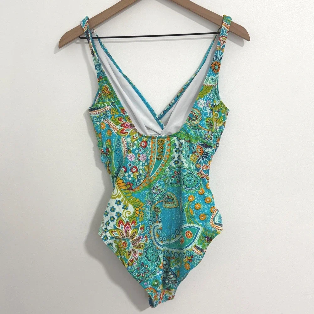 Lauren Ralph Lauren One Piece Swimsuit Women 8 Blue Paisley Floral Ruched V-Neck